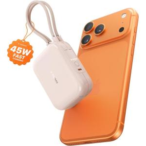 TORRAS EasyGo Portable Charger 10000mAh, 45W Ultra-Fast USB-C Power Bank with Dual Built-in Cables, Integrated Lanyard Design for One-Hand Use, Battery Pack Compatible with iPhone 16/17 Pro, Samsung(Desert Gold)