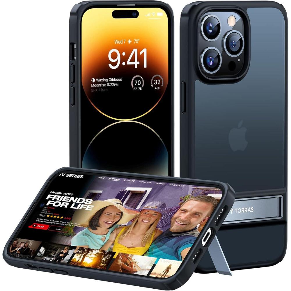 imageTORRAS MarsClimber for iPhone 14 Pro Case with Stand 3 Stand Ways Metal Kickstand 8FT Military Grade Drop Tested Protective Slim Translucent Matte iPhone 14 Pro Phone Case for Women Men BlackMystic Black