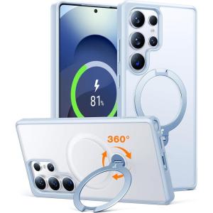 TORRAS 360°Spin Magnetic Stand for Samsung Galaxy S24 Ultra Case, Compatible with Magsafe, Shockproof Military Grade Protective Slim Galaxy S24 Ultra Phone Case with Kickstand & Ring Holder, Purple(Translucent Frosted Silverblue)