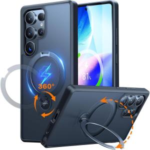 TORRAS 360°Spin Magnetic Stand for Samsung Galaxy S24 Ultra Case, Compatible with Magsafe, Shockproof Military Grade Protective Slim Galaxy S24 Ultra Phone Case with Kickstand & Ring Holder, Purple(Translucent Frosted Black)