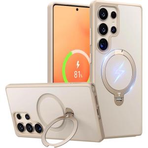 TORRAS 360°Spin Magnetic Stand for Samsung Galaxy S24 Ultra Case, Compatible with Magsafe, Shockproof Military Grade Protective Slim Galaxy S24 Ultra Phone Case with Kickstand & Ring Holder, Purple(Beige Gold)