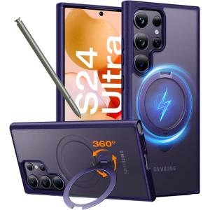 TORRAS 360°Spin Magnetic Stand for Samsung Galaxy S24 Ultra Case, Compatible with Magsafe, Shockproof Military Grade Protective Slim Galaxy S24 Ultra Phone Case with Kickstand & Ring Holder, Purple(Purple)