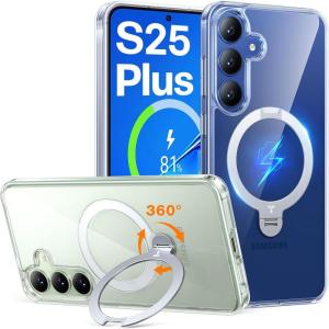 TORRAS 360°Spin Magnetic Stand for Samsung Galaxy S24 Ultra Case, Compatible with Magsafe, Shockproof Military Grade Protective Slim Galaxy S24 Ultra Phone Case with Kickstand & Ring Holder, Purple(S25 Plus-Clear)