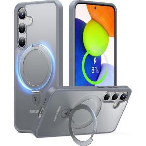 TORRAS Magnetic Ostand for Samsung Galaxy S24 Case [Compatible with MagSafe] [Military Grade Drop Tested] [Ring Holder] [Build in Kickstand] Matte Translucent Slim Back Soft Edge with Stand, Gray