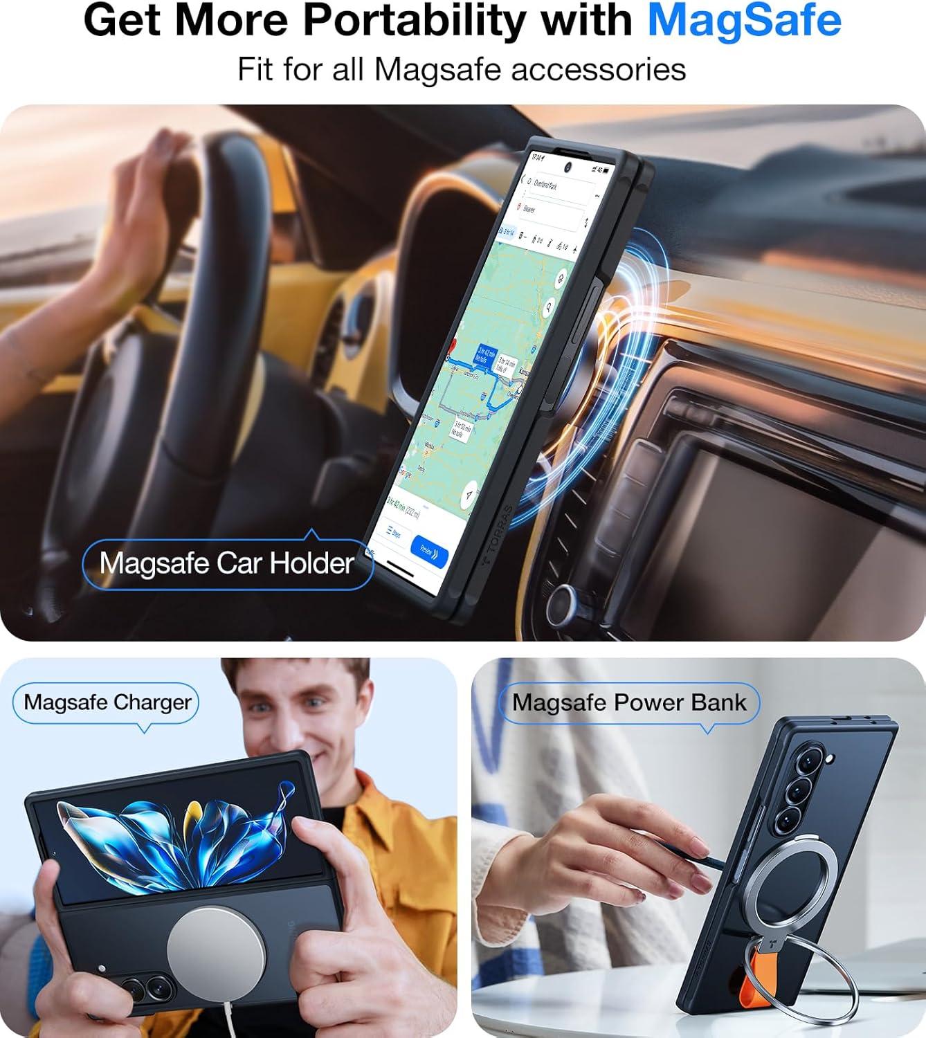 imageTORRAS Magnetic Shockproof Designed for Samsung Galaxy Z Fold 6 Case Compatible with Magsafe Military Grade Drop Tested Translucent Hard Back Slim Phone Case for Samsung Z Fold 6 Case BlackBlack