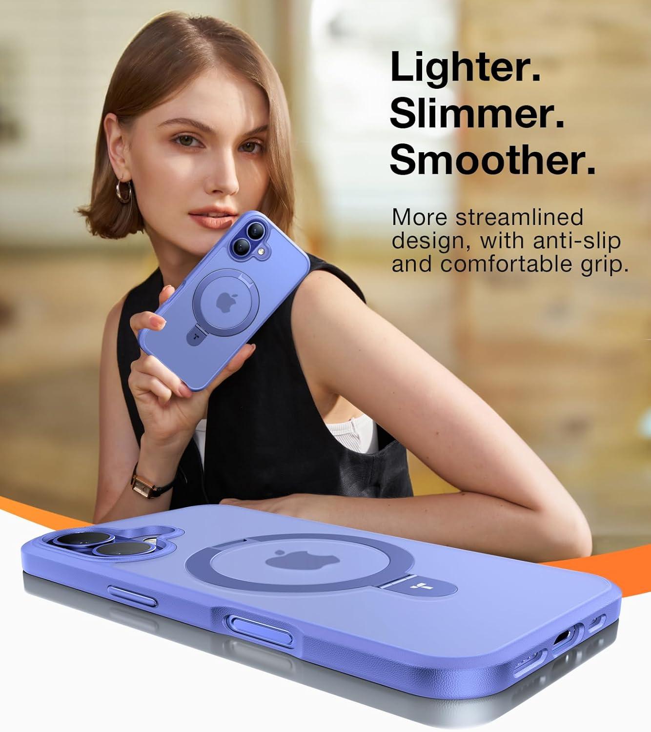 imageTORRAS Magnetic for iPhone 16 Case with Stand Builtin Stand Compatible with MagSafe 3X MilitaryGrade Protection Translucent Slim Phone Case for iPhone 16 61 Matte BlueBlue