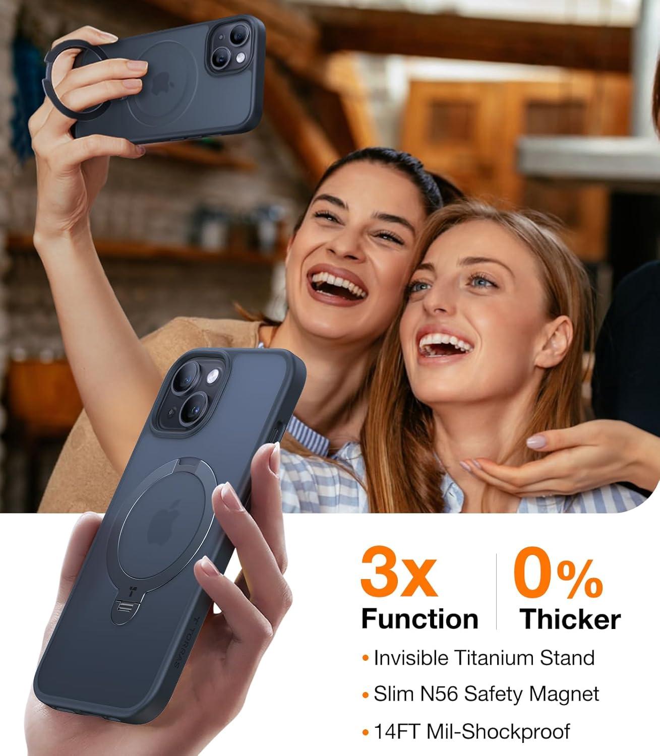 imageTORRAS Upgraded 360Spin Magnetic Stand for iPhone 15 CaseiPhone 14 Case Fit for MagSafe with Stand amp Ring Holder 12FT MilGrade Protection Translucent Slim Phone Case for iPhone 15 Ostand Black