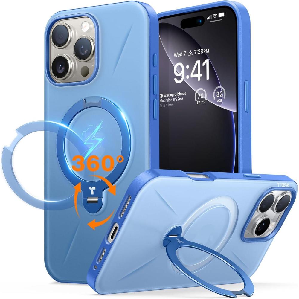 imageTORRAS 360Spin Magnetic Stand for iPhone 16 Pro Case Fit for MagSafe Builtin Kickstand amp Ring Holder MilGrade Protective Soft Edge Hard PC Case for iPhone 16 Pro Sapphire Blue 63 2024Blue