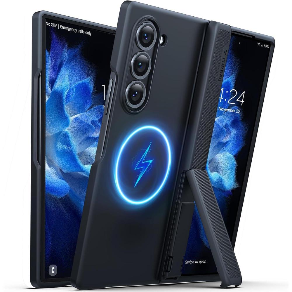 imageTORRAS Magnetic Armor Stand Samsung Galaxy Z Fold 6 Case MILGrade Hinge Protection Compatible with MagSafe Invisible Kickstand Matte Hard Slim for Samsung Galaxy Z Fold 6 Case Black