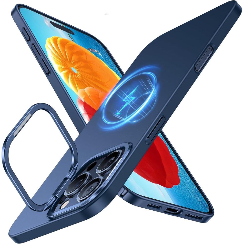 imageTORRAS Magnetic Slim Fit for iPhone 16 Pro Case with Stand Compatible with MagSafe Builtin Stash Stand Ultra Thin 16 Pro Case Lightweight AntiScratch Matte Hard Phone Case 63 inch BlackNavy Blue