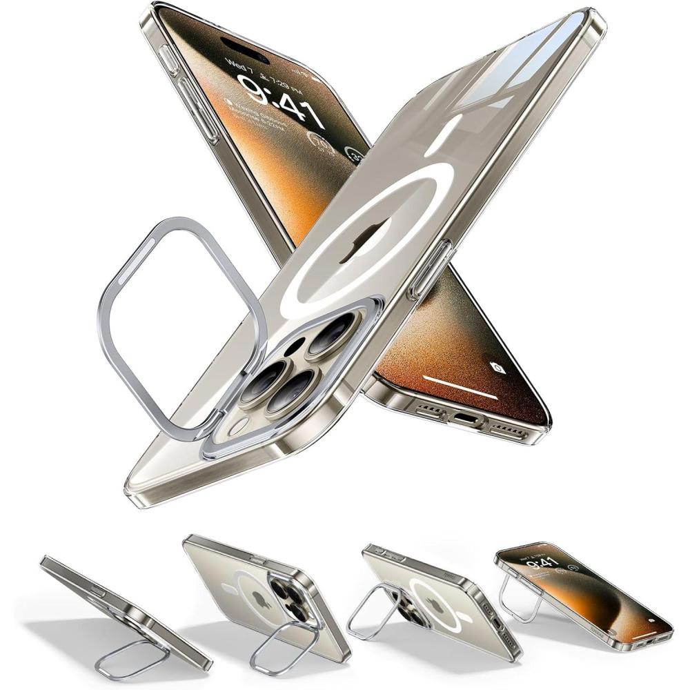 imageTORRAS Magnetic Slim Fit for iPhone 16 Pro Case with Stand Compatible with MagSafe Builtin Stash Stand Ultra Thin 16 Pro Case Lightweight AntiScratch Matte Hard Phone Case 63 inch BlackClear