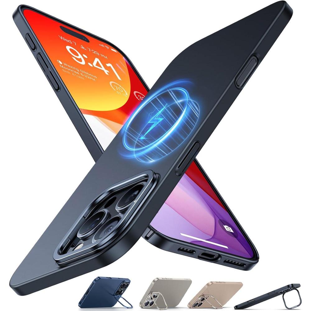 imageTORRAS Magnetic Slim Fit for iPhone 16 Pro Max Case with Stand Compatible with MagSafe Builtin Stash Stand Thin 16 ProMax Case Light AntiScratch Matte Hard PC 69 inch Desert Titanium1Black Titanium