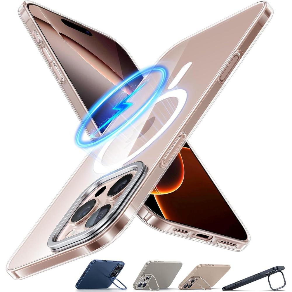 imageTORRAS Magnetic Slim Fit for iPhone 16 Pro Max Case with Stand Compatible with MagSafe Builtin Stash Stand Thin 16 ProMax Case Light AntiScratch Matte Hard PC 69 inch Desert Titanium5Diamond Clear