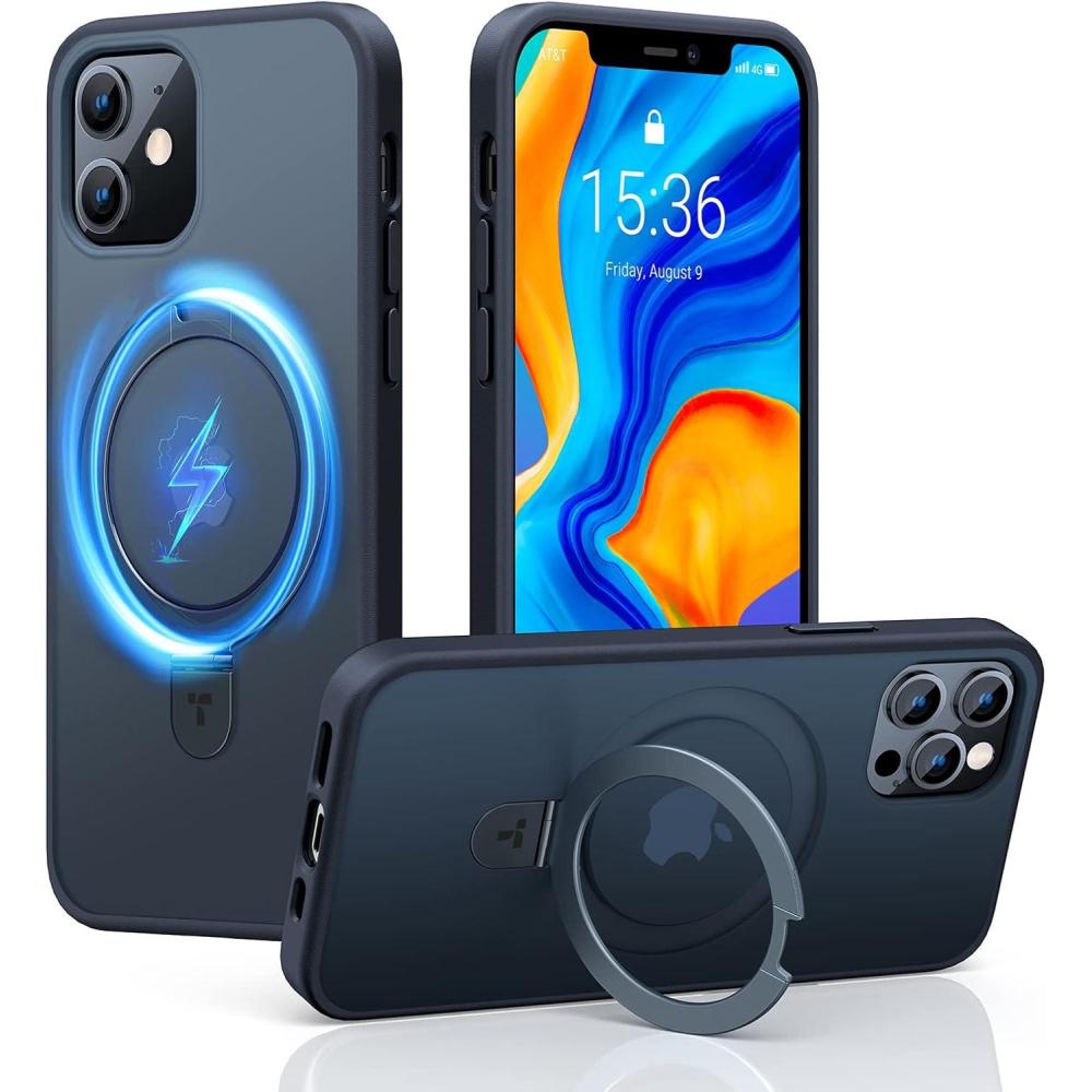 imageTORRAS Magnetic for iPhone 16 Case with Stand Builtin Stand Compatible with MagSafe 3X MilitaryGrade Protection Translucent Slim Phone Case for iPhone 16 61 Matte BlueBlack