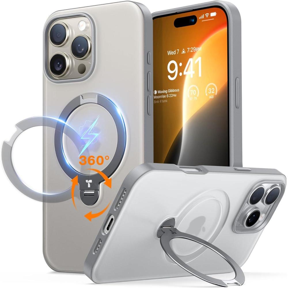 imageTORRAS Q3 Spin for iPhone 16 Pro Case 360 Magnetic Stand Fit for MagSafe Builtin Ring Holder Kickstand MilGrade Protective Translucent Hard PC Case for iPhone 16 Pro Natural Titanium 63