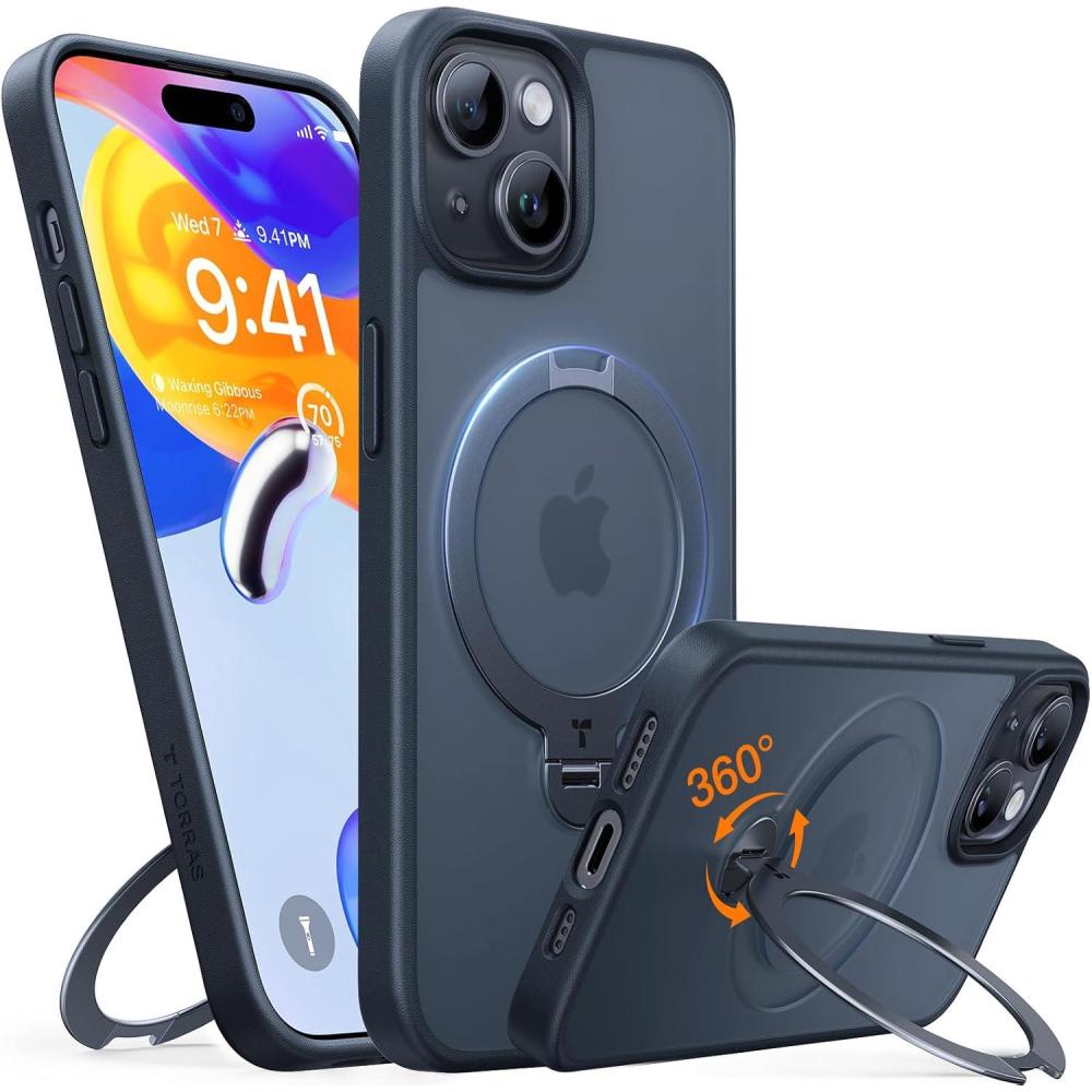 imageTORRAS Upgraded 360Spin Magnetic Stand for iPhone 15 CaseiPhone 14 Case Fit for MagSafe with Stand amp Ring Holder 12FT MilGrade Protection Translucent Slim Phone Case for iPhone 15 Ostand Black