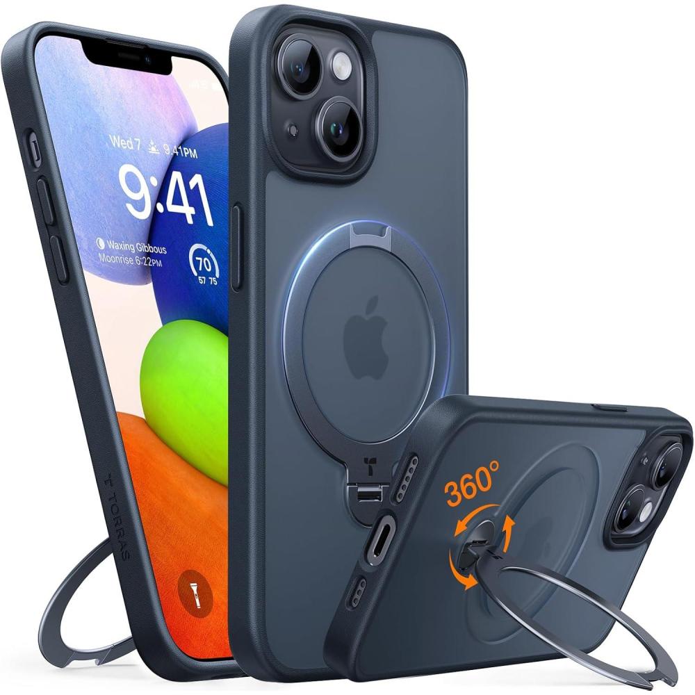 imageTORRAS Upgraded Ostand 360 Spin Magnetic for iPhone 13 CaseiPhone 14 case Military Grade ShockproofCompatible with MagSafeBuild in Kickstand Translucent Slim Back Soft Edge Black