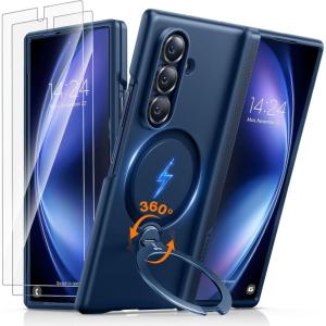 TORRAS 360 Spin Magnetic Stand for Galaxy Z Fold 7 Case, MIL-Grade Hinge Protection, Fit for Magsafe, 360 Kickstand & Ring Holder, Armor Hard Slim Case for Samsung Galaxy Z Fold 7, Black(Blue)