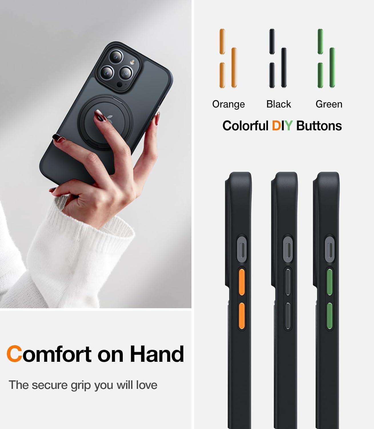 imageTORRAS 2024 Upgraded 360 Rotatable Ring for iPhone 13 Pro Max Case Fit for Magsafe with Stand Magnetic Ring Holder Military Grade Shockproof Translucent Back Slim Phone Case Ostand R Black