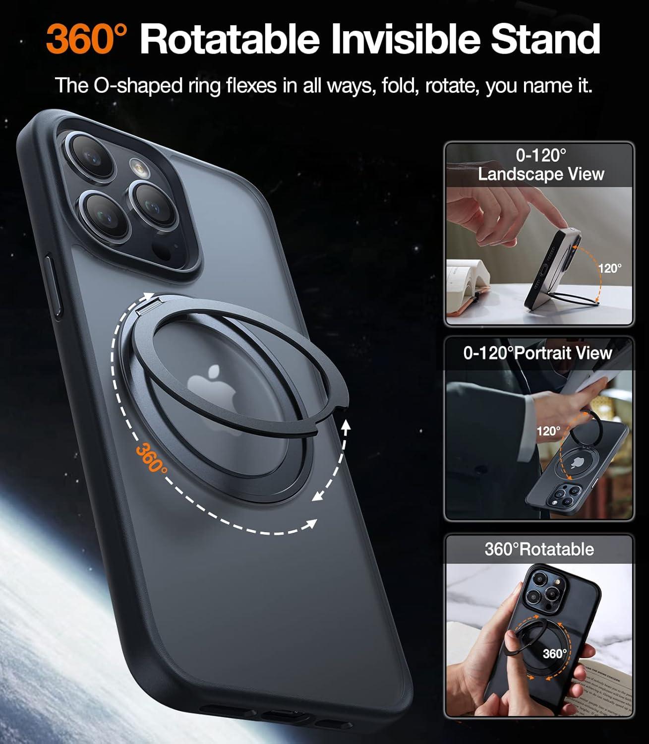 imageTORRAS 2024 Upgraded 360 Rotatable Ring for iPhone 13 Pro Max Case Fit for Magsafe with Stand Magnetic Ring Holder Military Grade Shockproof Translucent Back Slim Phone Case Ostand R Black