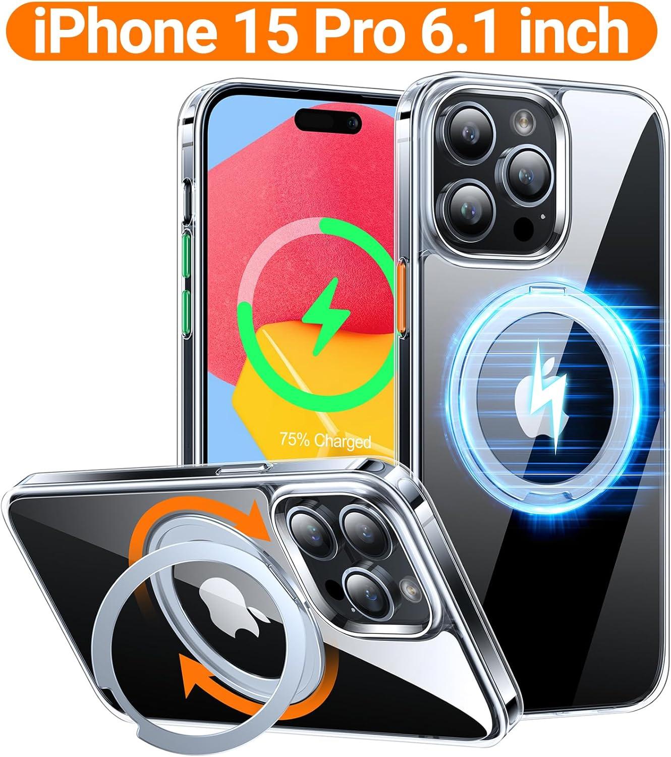 imageTORRAS 360 Rotatable Ring for iPhone 14 Pro Max Phone Case Compatible with Magsafe with Stand Magnetic Ring Holder Military Grade Shockproof Translucent Back Slim Ostand R ClearCrystal Clear