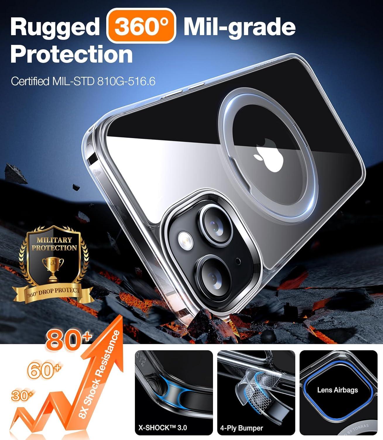 imageTORRAS 360 Rotatable Ring for iPhone 14 Pro Max Phone Case Compatible with Magsafe with Stand Magnetic Ring Holder Military Grade Shockproof Translucent Back Slim Ostand R ClearCrystal Clear