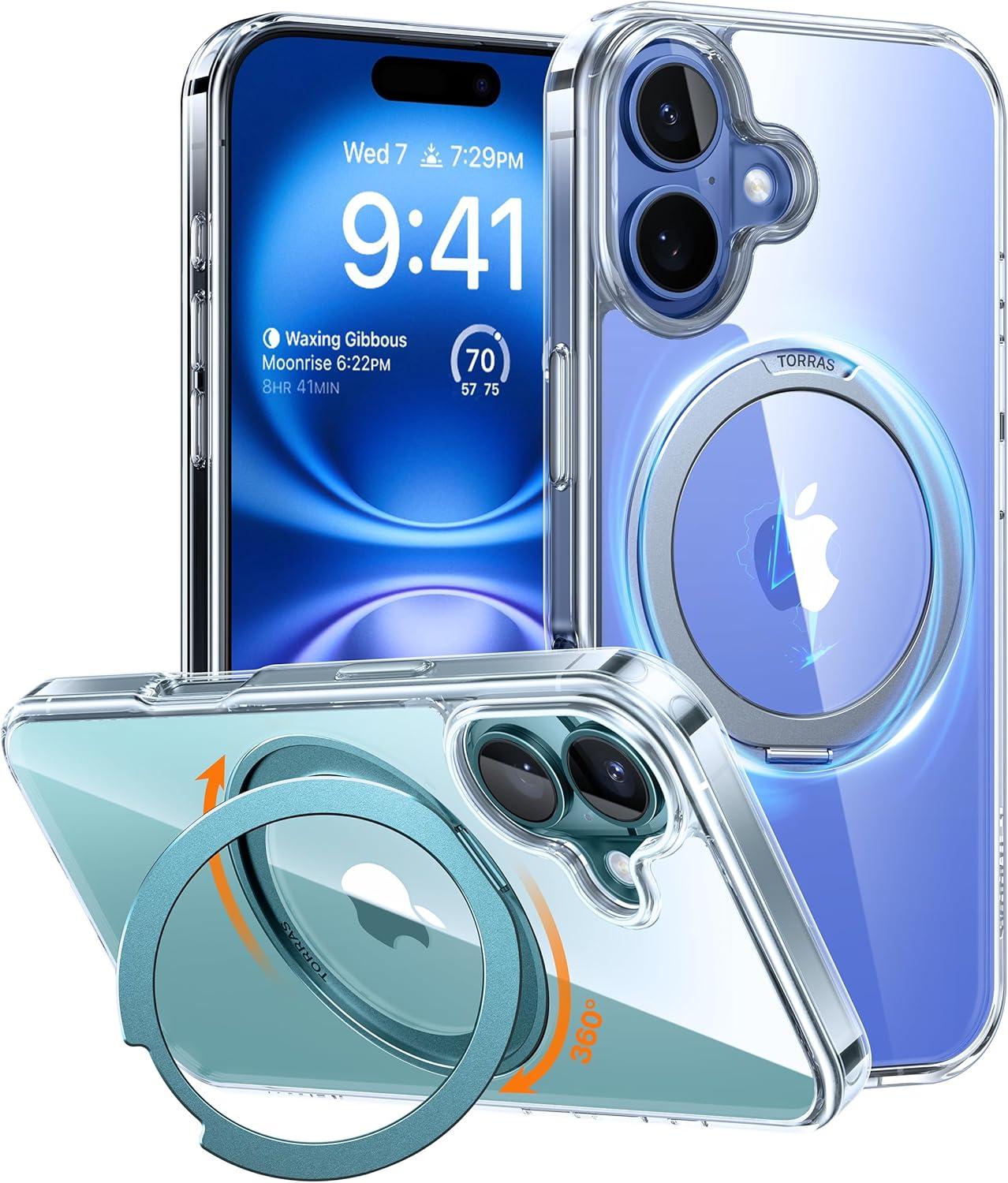 imageTORRAS 360 Rotatable Ring for iPhone 14 Pro Max Phone Case Compatible with Magsafe with Stand Magnetic Ring Holder Military Grade Shockproof Translucent Back Slim Ostand R ClearCrystal Clear