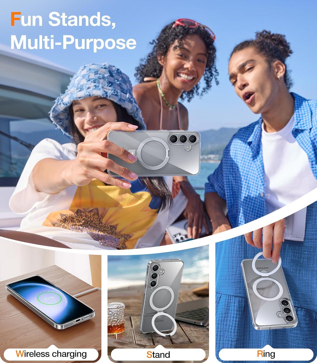 imageTORRAS Magnetic Ostand for Samsung Galaxy S24 Case 62 Compatible with MagSafeMilitary Grade Drop Tested Ring HolderBuild in Kickstand Matte Translucent Slim Back Soft Edge with StandBlackClear