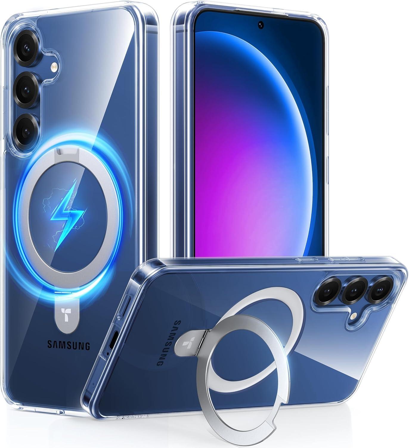 imageTORRAS Magnetic Ostand for Samsung Galaxy S24 Case 62 Compatible with MagSafeMilitary Grade Drop Tested Ring HolderBuild in Kickstand Matte Translucent Slim Back Soft Edge with StandBlackClear