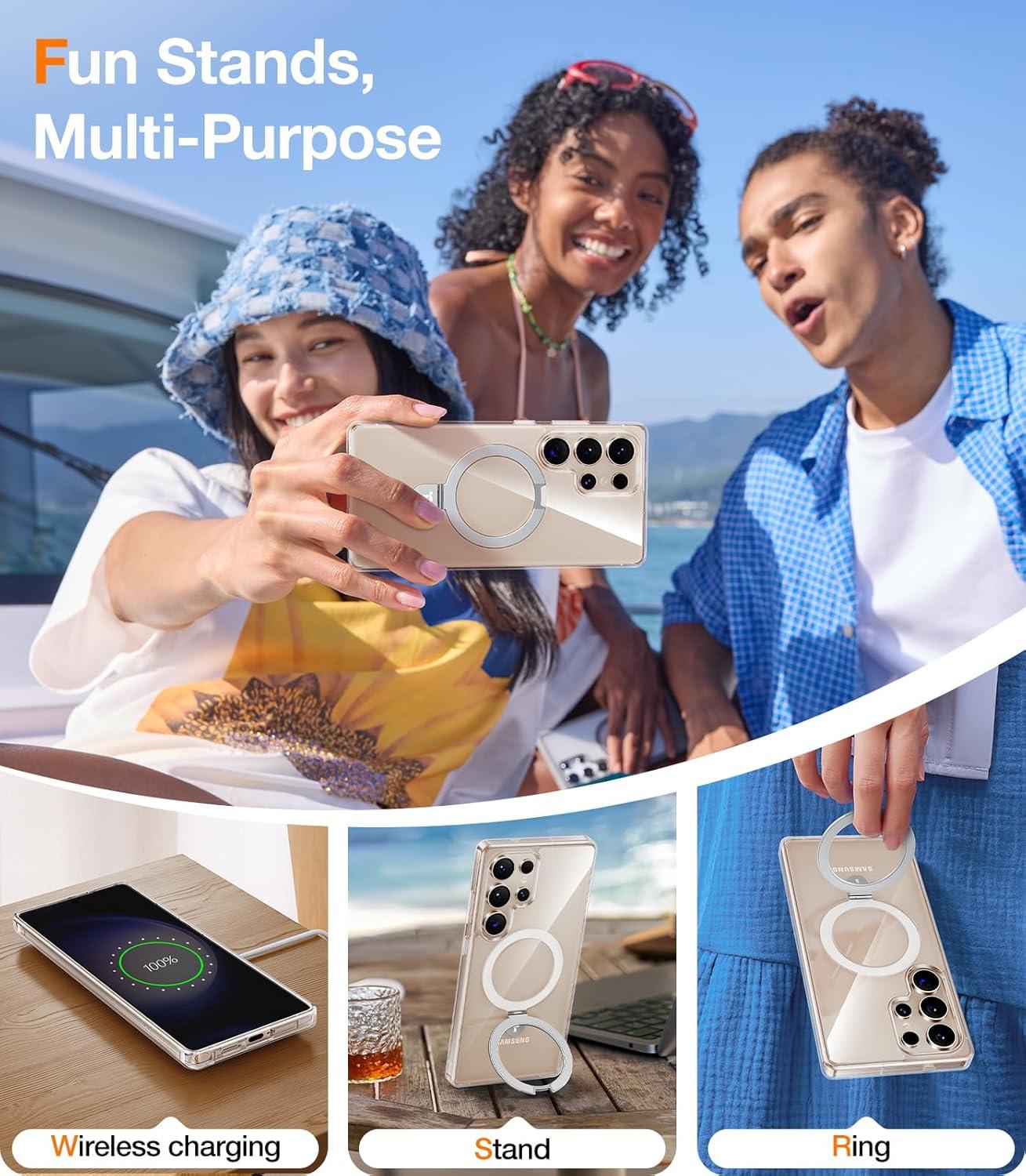 imageTORRAS Magnetic Ostand for Samsung Galaxy S24 Case 62 Compatible with MagSafeMilitary Grade Drop Tested Ring HolderBuild in Kickstand Matte Translucent Slim Back Soft Edge with StandBlackClear