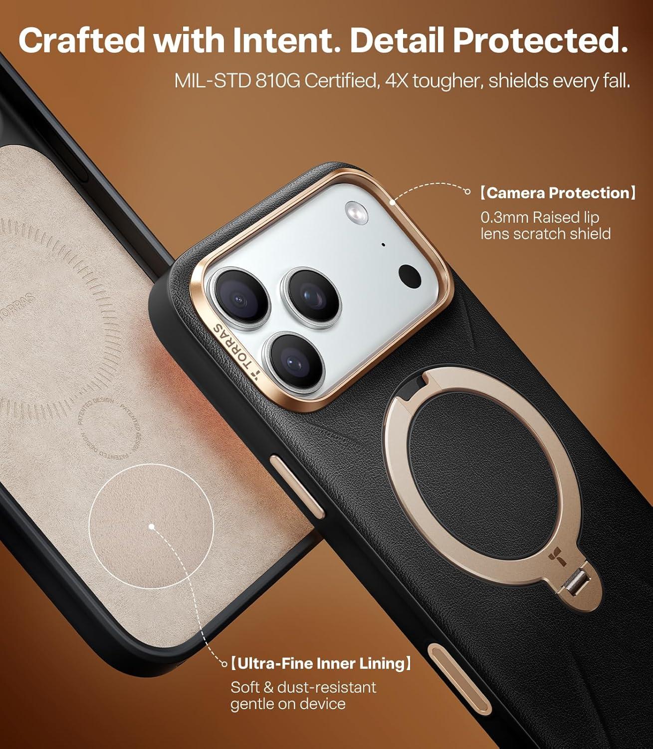 imageTORRAS Organic Leather for iPhone 17 Pro Case with Stand Fit for Magsafe 360 Spin Kickstand with Camera Control Premium Leather Durable Stylish Q3 VegSkin for iPhone 17 Pro Phone Case Deep BlueMidnight Black