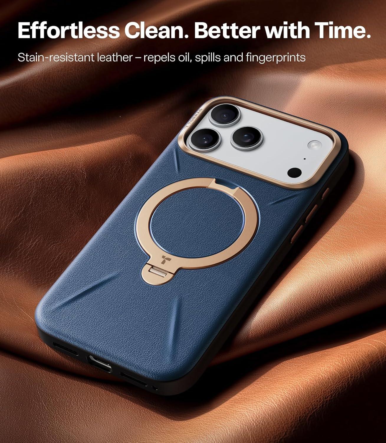 imageTORRAS Organic Leather for iPhone 17 Pro Case with Stand Fit for Magsafe 360 Spin Kickstand with Camera Control Premium Leather Durable Stylish Q3 VegSkin for iPhone 17 Pro Phone Case Deep BlueDeep Blue