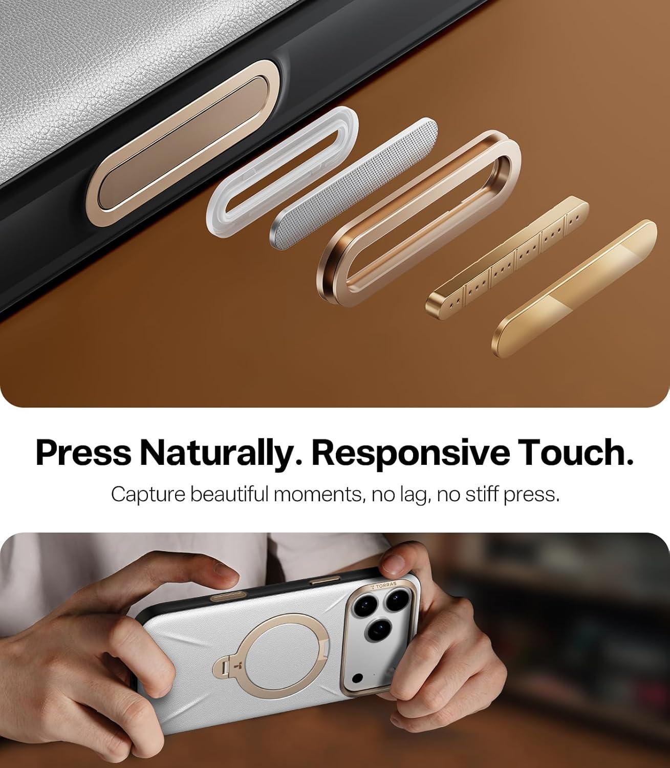 imageTORRAS Organic Leather for iPhone 17 Pro Case with Stand Fit for Magsafe 360 Spin Kickstand with Camera Control Premium Leather Durable Stylish Q3 VegSkin for iPhone 17 Pro Phone Case Deep BlueCloud White