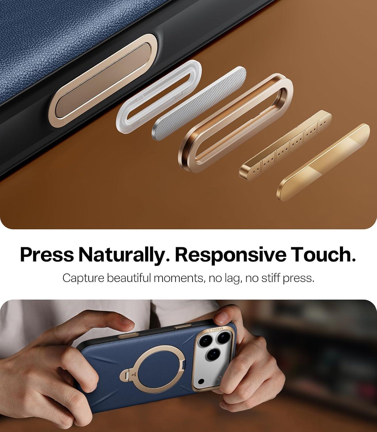 imageTORRAS Organic Leather for iPhone 17 Pro Case with Stand Fit for Magsafe 360 Spin Kickstand with Camera Control Premium Leather Durable Stylish Q3 VegSkin for iPhone 17 Pro Phone Case Deep BlueDeep Blue