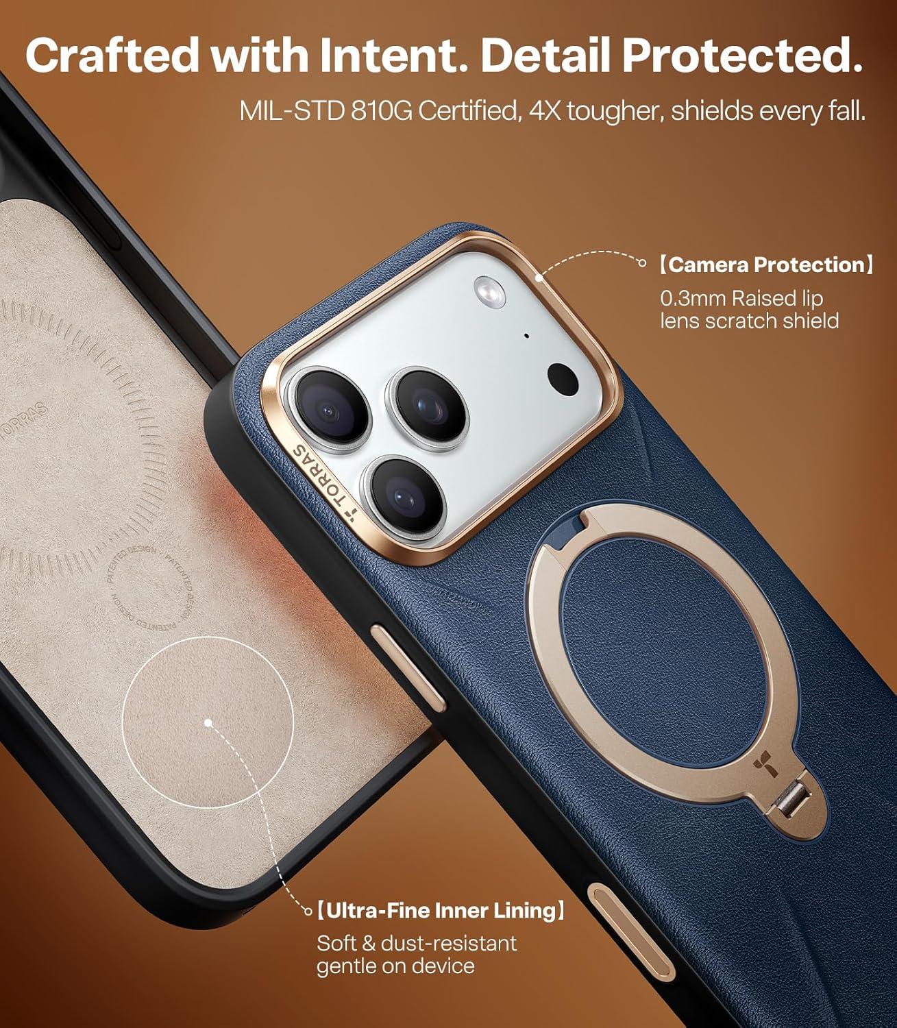 imageTORRAS Organic Leather for iPhone 17 Pro Case with Stand Fit for Magsafe 360 Spin Kickstand with Camera Control Premium Leather Durable Stylish Q3 VegSkin for iPhone 17 Pro Phone Case Deep BlueDeep Blue