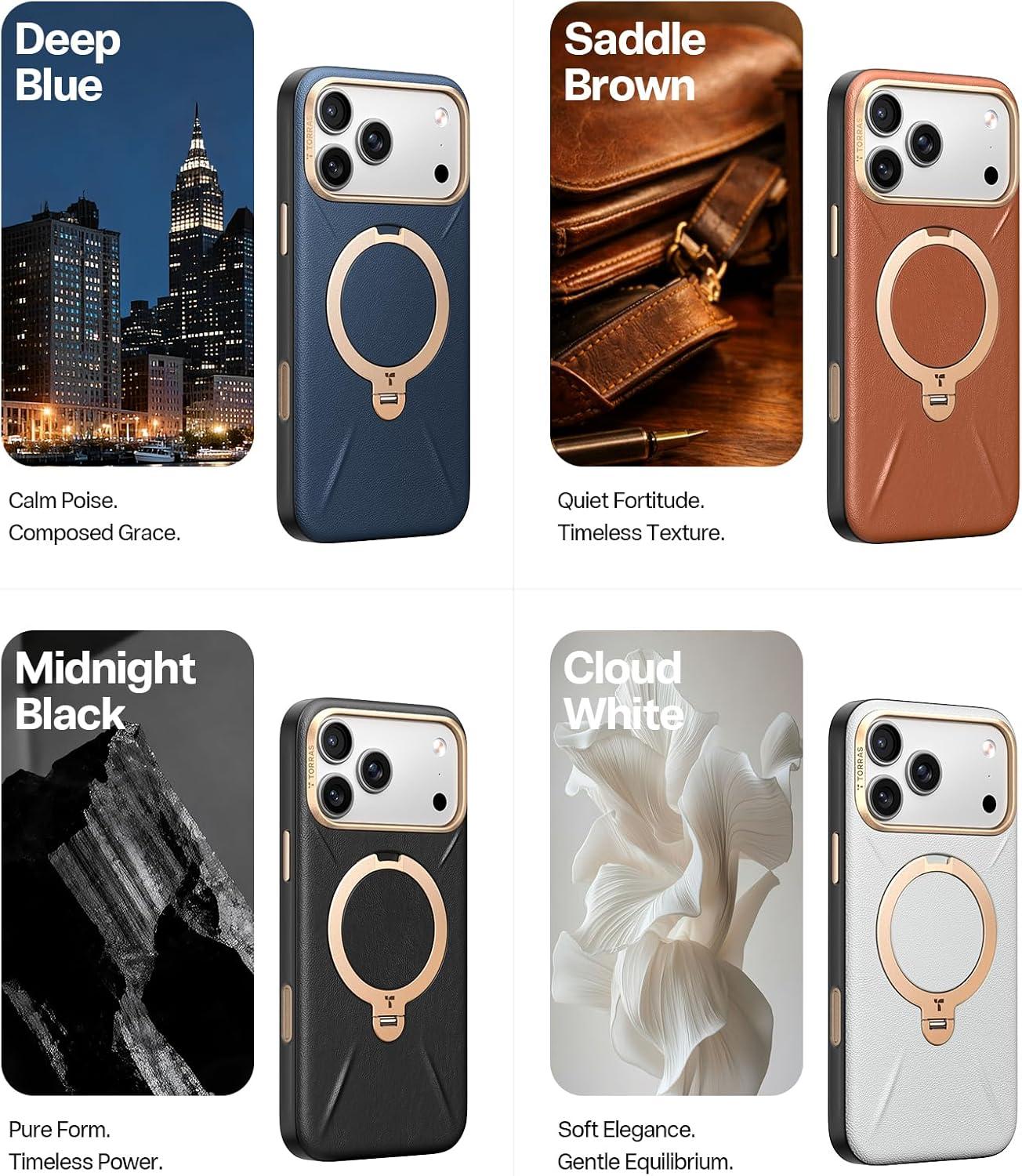 imageTORRAS Organic Leather for iPhone 17 Pro Case with Stand Fit for Magsafe 360 Spin Kickstand with Camera Control Premium Leather Durable Stylish Q3 VegSkin for iPhone 17 Pro Phone Case Deep BlueMidnight Black