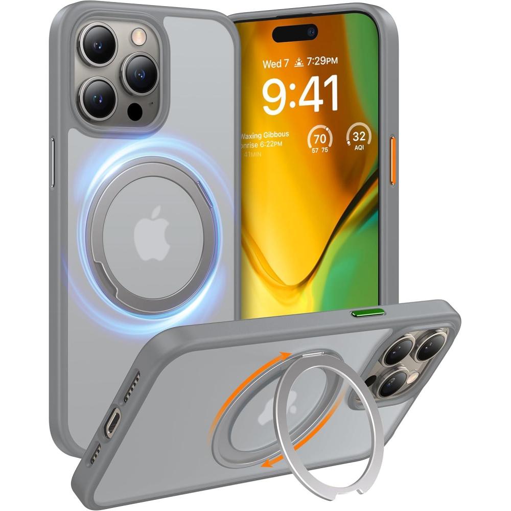 imageTORRAS 360 Rotatable Ring for iPhone 14 Pro Max Phone Case Compatible with Magsafe with Stand Magnetic Ring Holder Military Grade Shockproof Translucent Back Slim Ostand R ClearGray