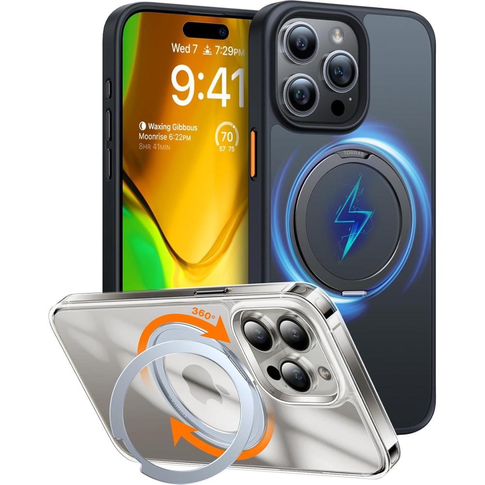 imageTORRAS 360 Rotatable Ring for iPhone 14 Pro Max Phone Case Compatible with Magsafe with Stand Magnetic Ring Holder Military Grade Shockproof Translucent Back Slim Ostand R ClearBlack