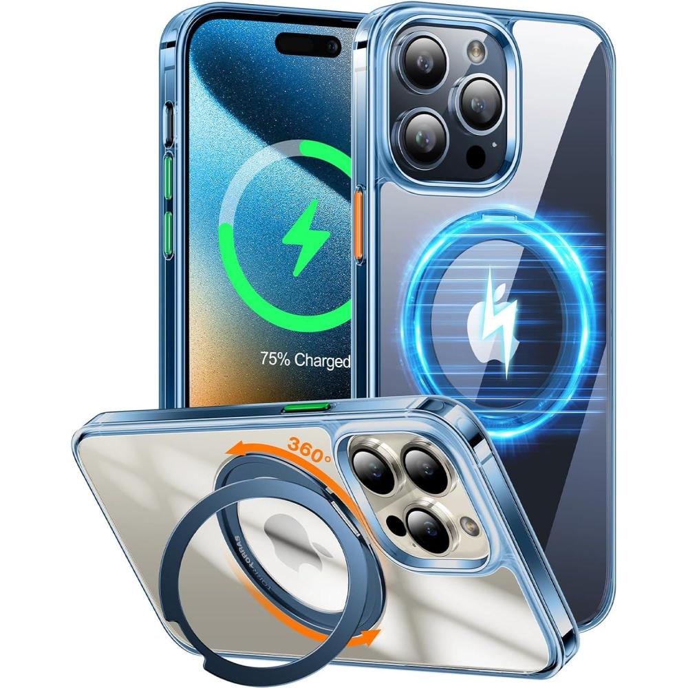 imageTORRAS 360Rotatable Magnetic Ring for iPhone 15 Pro Max Case Fit for MagSafe with Stand amp Ring Holder Military Grade Shockproof Translucent Back for iPhone 15 ProMax Case Ostand R Clear Blue