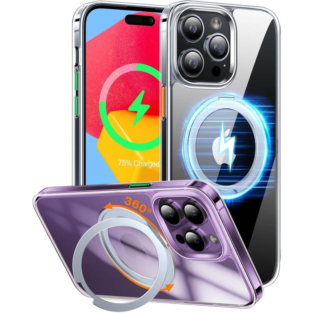 imageTORRAS 360Rotatable Ring for iPhone 15 Pro Case Compatible with MagSafe 15 Pro Case with Stand Translucent Slim Protective Ring Holder Military Grade Shockproof Cover for 15 Pro 2023 BlackCrystal Clear