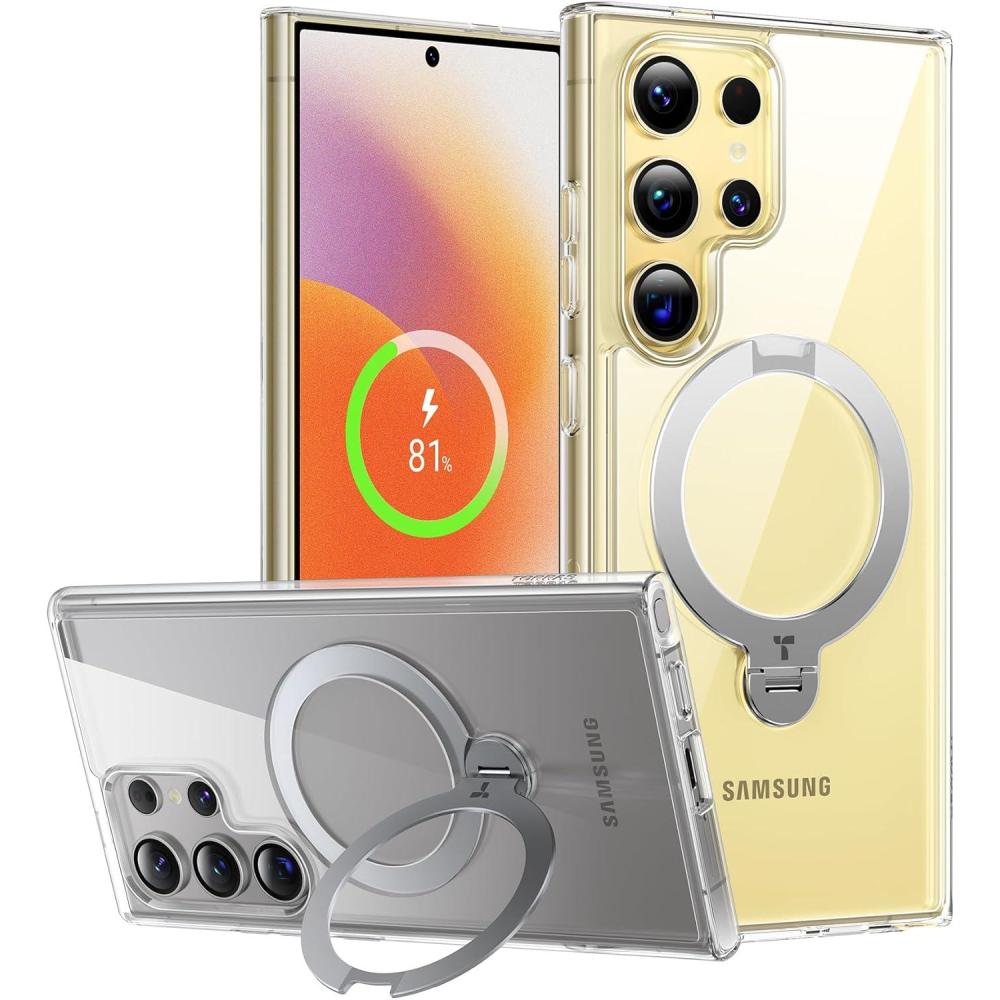 imageTORRAS 360Spin Magnetic Kickstand for Samsung Galaxy S24 Ultra Case Compatible with Magsafe Transparent Slim Protective S24 Ultra Phone Case with StandampRing Holder Ostand Spin Clear