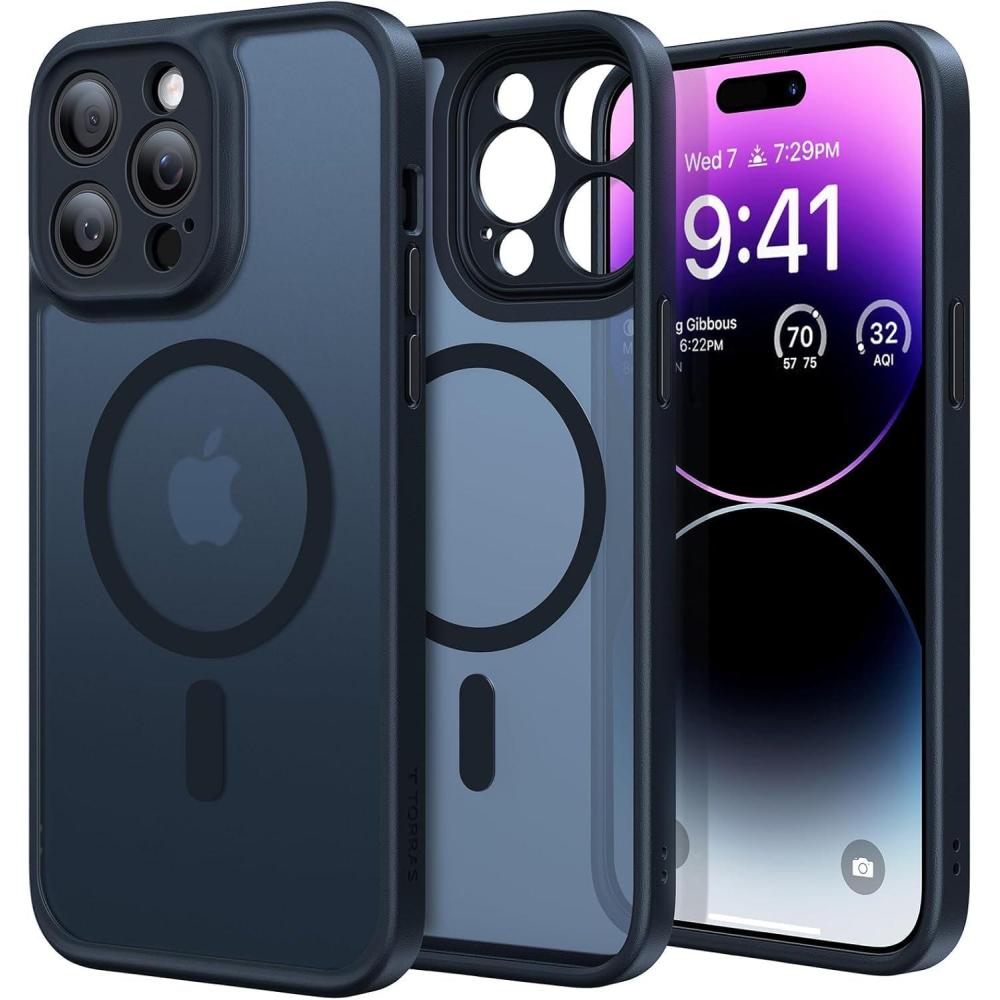 imageTORRAS Magnetic Guardian Designed for iPhone 14 Pro Max Case Military Grade Drop Tested Compatible with MagSafe Slim Translucent Matte Case for iPhone 14 Pro Max Phone Case 67 Mystic BlackBlack Full Camera