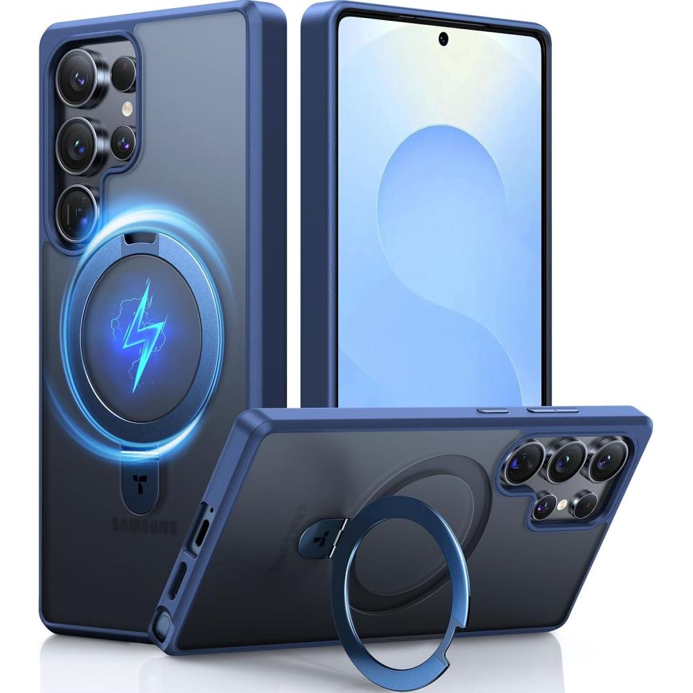 imageTORRAS Magnetic Ostand for Samsung Galaxy S24 Case 62 Compatible with MagSafeMilitary Grade Drop Tested Ring HolderBuild in Kickstand Matte Translucent Slim Back Soft Edge with StandBlackNavy Blue