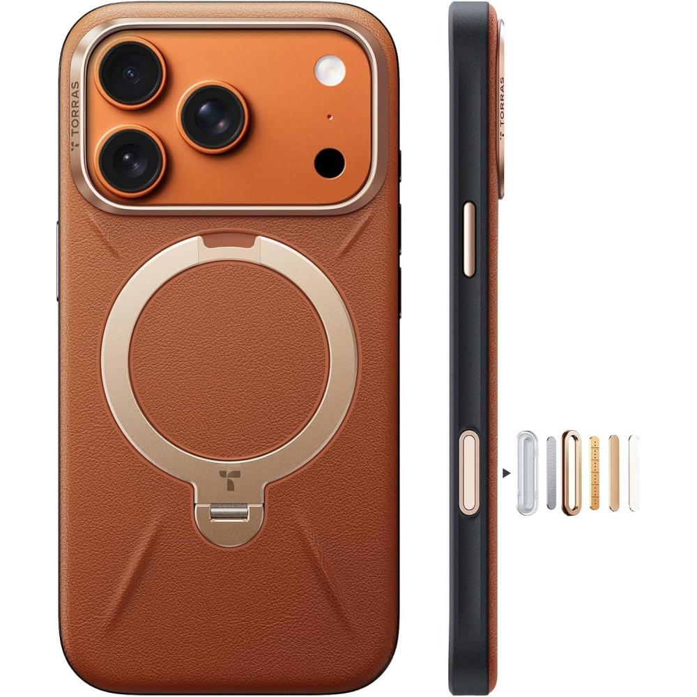 imageTORRAS Organic Leather for iPhone 17 Pro Case with Stand Fit for Magsafe 360 Spin Kickstand with Camera Control Premium Leather Durable Stylish Q3 VegSkin for iPhone 17 Pro Phone Case Deep BlueSaddle Brown