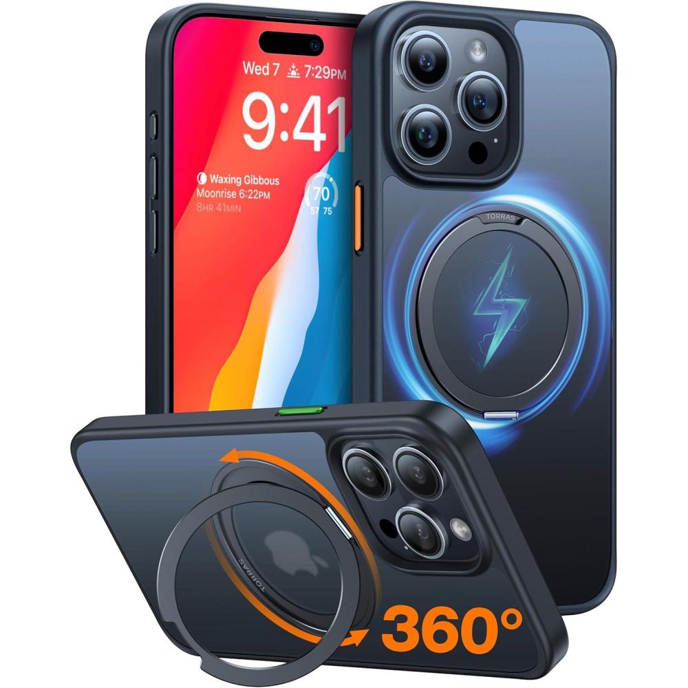imageTORRAS Upgraded 360 Rotatable Magnetic Ring for iPhone 15 Pro Max Case Fit for MagSafe with Stand Ring Holder 16FT MilGrade Shockproof Translucent for iPhone 15 Pro Max Phone Case Ostand BlackBlack