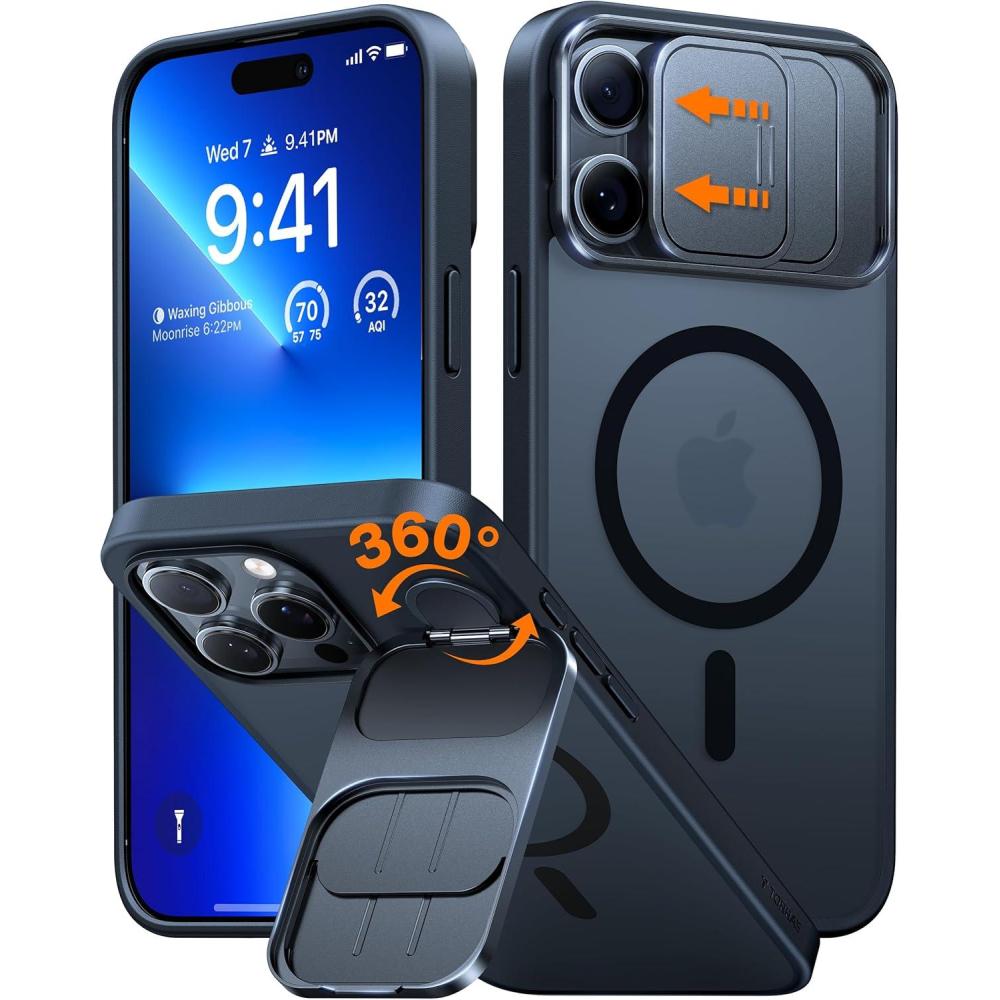 imageTORRAS for iPhone 15 Pro Max Case with Slide Camera Cover amp Rotatable Kickstand Magnetic Shockproof Military Grade Drop Protection Fit for MagSafe AntiScratch AntiFingerprint Translucent BlackBlack