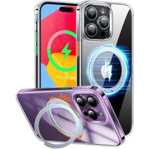 TORRAS 360° Rotatable Ring for iPhone 14 Pro Max Phone Case [Compatible with Magsafe] with Stand, Magnetic Ring Holder Military Grade Shockproof Translucent Back Slim Ostand R, Clear(Crystal Clear)