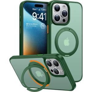 TORRAS 360°Rotatable Ring for iPhone 15 Pro Case, Compatible with MagSafe 15 Pro Case with Stand Translucent Slim Protective Ring Holder Military Grade Shockproof Cover for 15 Pro 2023, Black(Green)