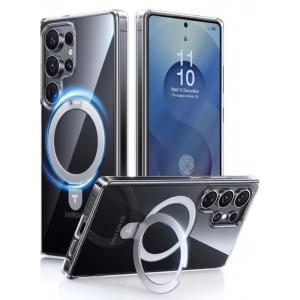 TORRAS Magnetic Ostand for Samsung Galaxy S24 Case 6.2″ [Compatible with MagSafe][Military Grade Drop Tested] [Ring Holder][Build in Kickstand] Matte Translucent Slim Back Soft Edge with Stand,Black(Clear)