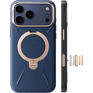TORRAS Organic Leather for iPhone 17 Pro Case with Stand, Fit for Magsafe, 360 Spin Kickstand with Camera Control, Premium Leather Durable Stylish Q3 VegSkin for iPhone 17 Pro Phone Case, Deep Blue(Deep Blue)